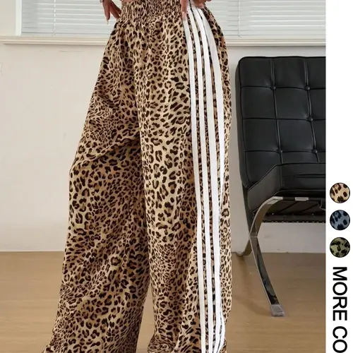 1 Piece Leopard Print Side Stripe Oversize Wide Leg Pants, All-Season Wear, Elastic High Waist Loose Fit Trousers for Women, Y2K Streetwear, Casual Comfy Baggy Pants for Daily Wear, Street Style Fashion Palazzo Pants, Casual Chic Trousers, Oversized