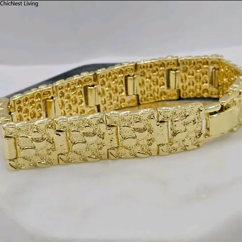 Men's Nugget-Shape Gold-Plated Stainless Steel Bracelet - 15mm, 7in, 8in, Tarnish Free, Non Fade, Casual, Elegant, Bold Look, Wedding/Traditional Fashion Accessory, Gifts for Boyfriend, Arm Candy Costume Jewelry (Note: Avoid Long Showers), 7 Inches