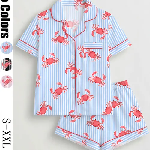 Women's 2-Piece Crab Print Collared Pajama Set, Short-Sleeve Button-Up Top & Elastic Shorts, Casual All-Season Sleepwear, Homewear and Loungewear Set for Home and Party, Pyjamas, Lounge Pajama Style