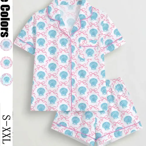 Women's 2-Piece Pajama Set, Shell Butterfly Print, Casual Fitted Top & Elastic Shorts, Comfortable Home Wear, Perfect Gift, Knit Loungewear Pajamas