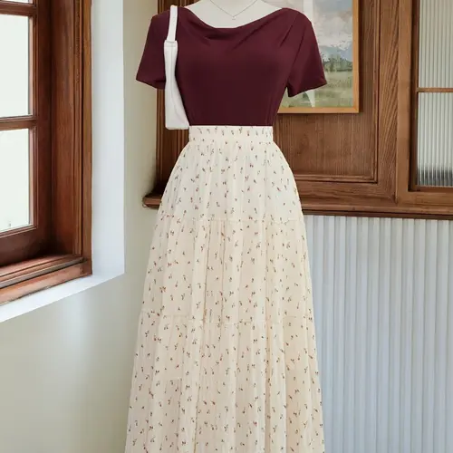 Women's Small Ditsy Floral Summer Versatile Bottom Skirt, Loose Skirt, Print Skirt, Half Skirt, Double Layer Design, Essential Piece, Casual Elegant A-Line Skirt, Casual Skirts, Womenswear
