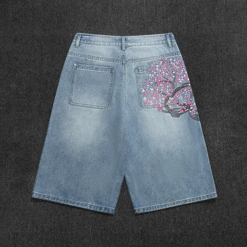 Men's Bermuda Shorts, Light Blue Washed Jeans, Retro Floral Embroidery, Loose-Fit, Knee-Length, Casual Outdoor Wear, Ideal for Leisure