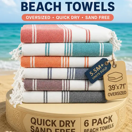 LANE LINEN Turkish-Style Hammam Beach Towel - Oversized XL (39"x71") Flat-Weave Cotton Blend, Quick-Dry, Sand-Free, Pre-Washed, Lightweight & Packable, 30+ Designs, Multi-Pack Options for Pool, Travel, Gym & Gifting