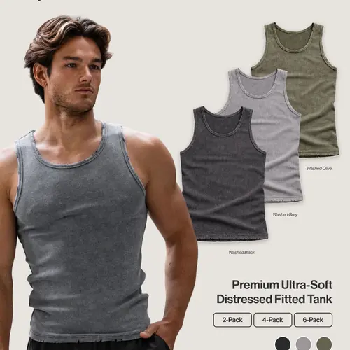 Haus | Distressed Ultra-Soft Premium Cotton Fitted Tanks | Vintage Wash