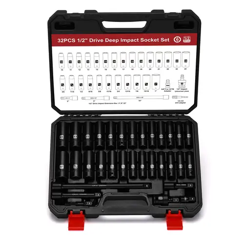 1/2" Drive Impact Deep Socket Set, SAE (3/8 to 1 inch) and Metric (10-24mm) Sizes with 3", 5", 10" Extension Bars, CR-V Steel, Complete Impact Wrench Socket DEALS FOR YOU DAY sohochic,toolupgrade