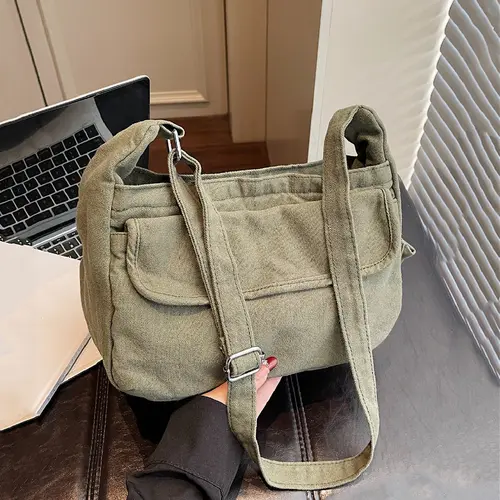 Simple solid-color canvas easy-to-match shoulder sling bag, women's daily casual multi-pocket crossbody bag, Canvas shoulder bags, Versatile sling bag, Fashionable daily crossbody, Everyday shoulder bag