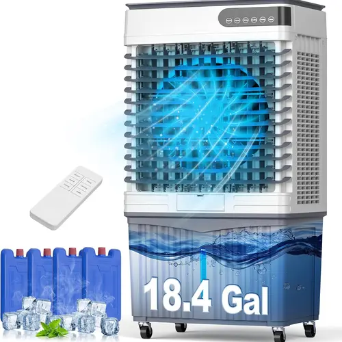 TEHANLD Swamp Cooler Air Conditioners, 4-IN-1 Evaporative Cooler With 18.4 Gal Water Tank, 4 Ice Packs, Remote, 12H Timer, 120°Oscillation, Portable Cooling Fan with 3 Modes&Speeds for Bedroom Indoor Room