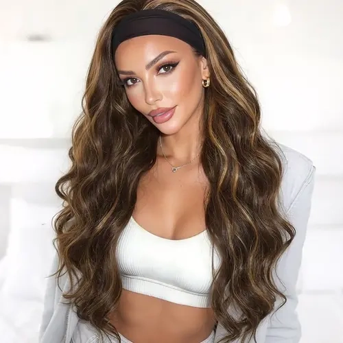 Long Body Wave Headband Wig mixed brown Highlight Blonde Color Natural Wave Headband Wig Glueless Headband Wigs Heat Resistant Synthetic Wavy Wig Synthetic Hair For Women Daily Life or Party Use No Glue Wig Synthetic Wavy Hairstyle