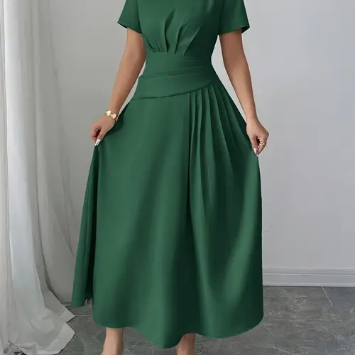 Women's Casual Elegant Chic Formal Fashion Dress, Womenswear, Lady, Spring Summer Pure Color Round Neck Short Sleeve, Breathable, Waist Pleated Design, Perfect for Daily Home, Cocktail & Party Wear