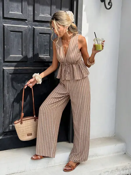 Women's Striped Tie-Waist Sleeveless Blouse Shirt Matching Set Outfit, Long Pants Casual Two-Piece, Vintage Bohemian Style, Commuter Wear, Clothes