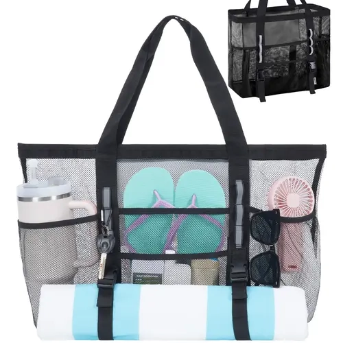 Women's Mesh Beach Tote Bag, Large Luggage Bag with 40oz Tumbler Side Pockets & Wet Pocket Keeps Swimwear Separate, Bathing & Casual Beachwear Essentials for Cruise Vacations, Breathable, Bathing Women's Tote Bags