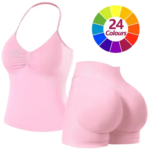 JGS1996 Two-piece Sports Sets for Women Solid Seamless Halter Backless Tank Top with High Waist Shorts Set for Yoga Fitness Gym Workout Running Breathable & Comfortable Activewear Summer High Waisted Yoga Athleisure Wear Set