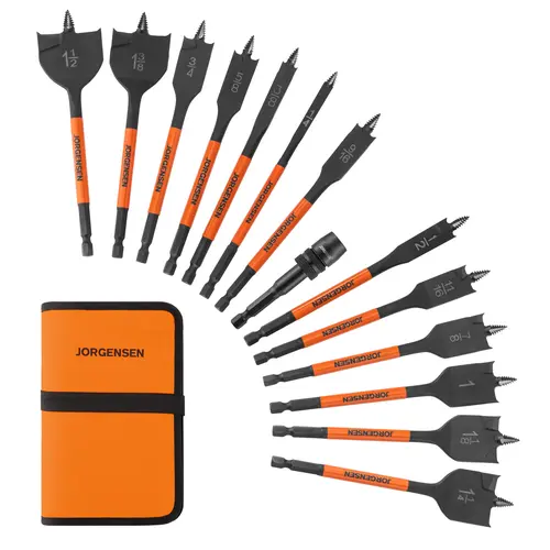 #toolupgrade Jorgensen 14-Pack Spade Drill Bit Set with Quick-Load Connector, High-Performance Carbon Steel Paddle Bits for Woodworking, Self-Feeding Threaded Tip, Assorted Bits 1/4" to 1-1/2" with Storage Pouch