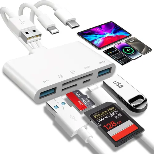 5-in-1 SD Card Reader for iPhone, iPad and Android, Lightning/USB-C/USB-A Memory Card Adapter with USB Port and Charging Port, Multi-Device OTG Reader for MacBook, PC, Camera and Flash Drive,No App Needed
