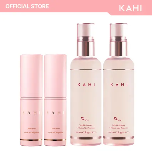 KAHI Wrinkle Bounce 4-Piece Skincare Set with Multi Balm & Collagen Mist - Smooth, Hydrating, Radiant Glass Skin for Female Adults, Anti-Aging Salmon Collagen Formula, Sensitive Skin Care for Face, Lips, Neck, Eyes