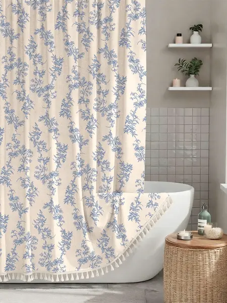 Dakimoe Floral Plant Shower Curtain Set with Tassels & Hooks - Heavy-Duty Faux Cotton Linen, Plastic Washable, Cottagecore Boho Vintage Rustic Home Bathroom Accessory for Whimsical Home Decor
