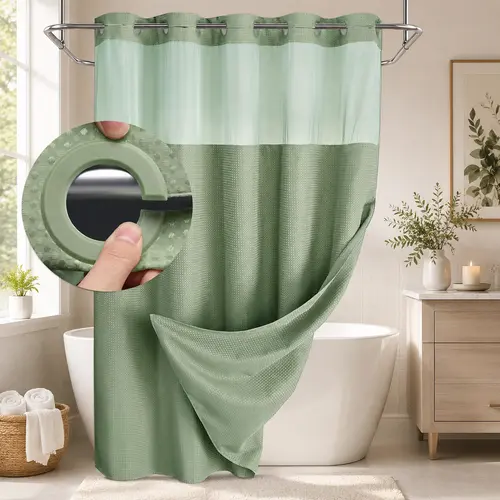 Double Layer Waffle-Pattern Shower Curtain - No Hook Snap-in Liner,  Waterproof Inner & Washable White Outer Cloth,  Bathroom Accessory for Home/Hotel/Dorm, 72x75 Inch