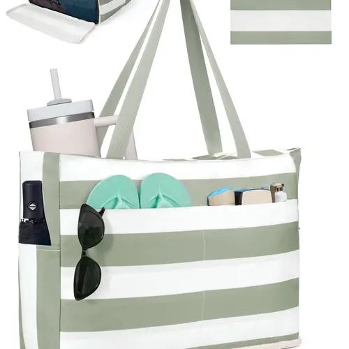 Beach Bags for Women, Large Waterproof Sandproof Beach Tote Bag with Zipper Family Pool Bags with 40oz Tumbler Pocket, Swim Cruise Vacation Essentials  | 40oz Tumbler Pocket Lightweight Tote Bag Pastel Canvas Tote