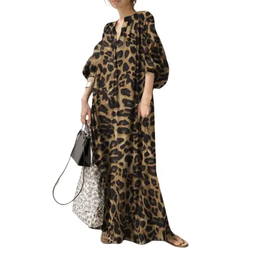 Chouyatou Women's Cotton Blend Leopard Print Maxi Sundress - V-Neck Lantern Sleeve Oversized Straight-Cut, Pull-On Fit, for Watch Party, Wedding, Casual Wear, Check Size Charts, Business, Deep V