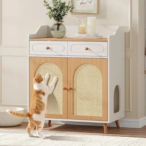 [SohoChic] Vabches Stable Hidden Covered Litter Box Furniture, Wooden Storage Cabinet with Rattan Scratch Panels, 2-Drawer Cat House for Indoor Cats
