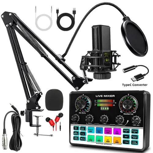 Safring V8S Pro+240 Podcast Equipment Bundle - Live Mixer, Sound Card, BM800 USB Rechargeable Condenser Microphone (1200mAh Battery), Voice Changer, Recording Device, Desk Clamp, Plug-and-Play for PC/Mobile Podcasting, Live Streaming, 1-Touch Recording