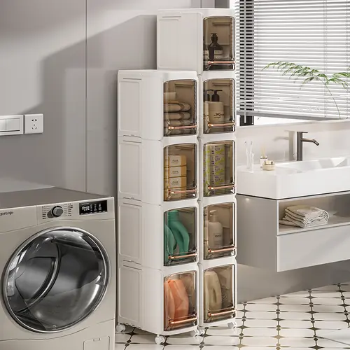 MiAoLi 5-Layer Tall Narrow Plastic Storage Organizer - Slim Rectangular Cabinet with Doors, Adjustable Shelves, Wheels, Stackable Foldable Design, Under Sink Organization, Compartments, Ideal for Small Spaces, Renters