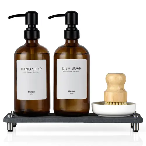 GLUMZRK 2 Pack Kitchen Soap Dispenser Set - 16oz Amber Glass Dish and Hand Soap Dispenser with Stainless Steel Pump, Instant Dry Tray, Dish Brush & Holder, Refillable Countertop Sink Decor for Kitchen & Bath (Great Gift)Black,Green