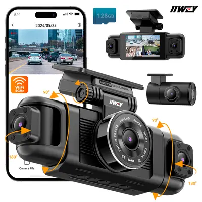 【Tool Upgrade】IIWEY N5 4-Channel 360° HD Car DVR Dashcam, Rotatable Front-Rear-Left-Right Cameras, 1080P+8 IR Night Vision, 5G Wi-Fi, App Control, G-Sensor, 24/7 Parking Guard, Loop Recording, Dual Modes, Plug & Play Car Accessory with Free 128GB SD Card,