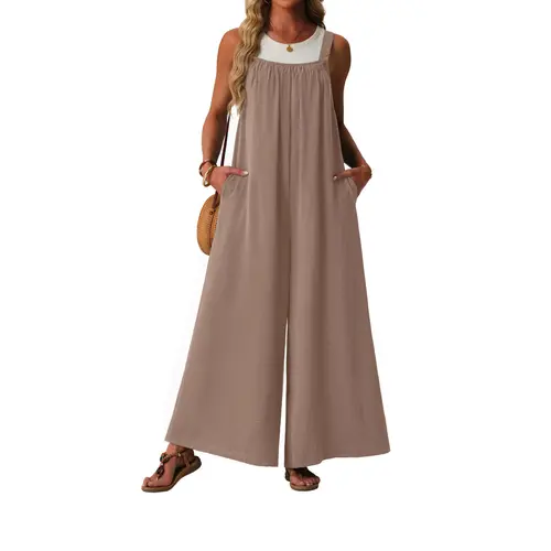 Lepunuo Womens Casual Jumpsuits Summer Boho Wide Leg Rompers Sleeveless Overalls Pleated Jumpers with Pockets