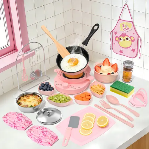 Gotoofun Unisex 28PCS Pretend Playset - Safe 110V Mini Stove, Steamer, Apron, Pans Kit, Montessori Educational Kids Toys, Cool Gifts for Kids 6-12 (Soho Chic Back to School),sohochic