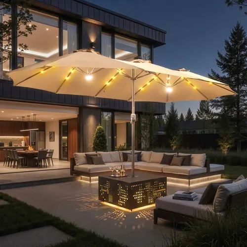 【SohoChic Sale】OVIOS 15FT Double-Sided Patio Umbrella with Dual Center Lights & 36 LED Solar Lights, Large Rectangular Outdoor Market Umbrella with Optional Coffee Table & Base Included for Patio, Pool & Backyard