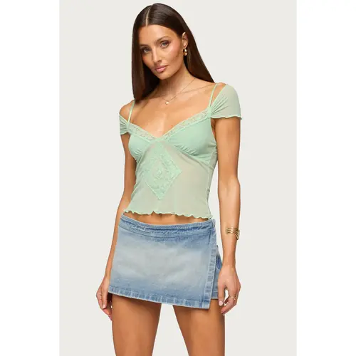 Shoulder Tie Lacey Sheer Mesh Top