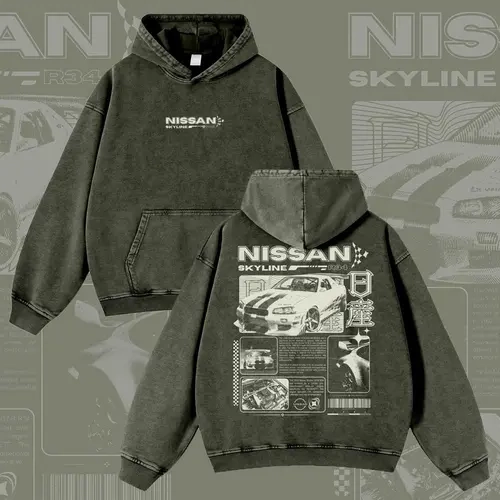 Men's Japan Legend GTR Skyline JDM Style Cotton Graphic Hoodie, 380g Casual Vintage Washed Autumn Men's Clothing, Retro Menswear Sweatshirt,sohochic