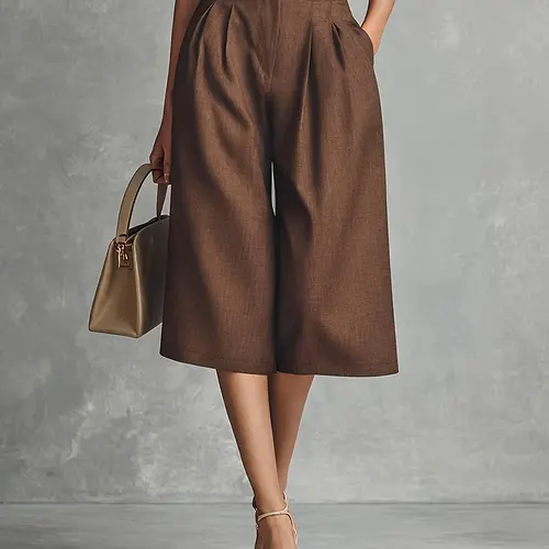 New American Style Spring Summer High Waist Pleated Wide Leg Basic Fit Pants, Vintage Casual Commuter Mid-Thigh Trousers for Women, Casual Summer Bottoms