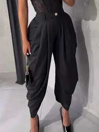 Women's Casual High Waist Wide Leg Pants, Plain Long Elastic Waist Pockets, All-Season Fitted Design, Comfortable Daily Wear, Balloon Pants