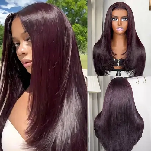 ISEE HAIR 7x5 Lace Front Wig Black Cherry Layered Cut Straight Human Hair Wig, Blackcurrant Brunette Wear Go Glueless Wig with Pre-Cut Lace & Pre-Plucked Hairline & Invisible Knots & Drawstring#SoHoChic #TikTokShopBackToSchool