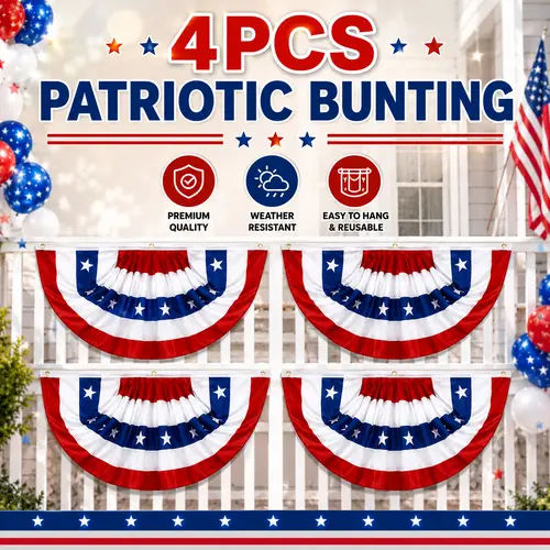 4th of July Patriotic Hanging Bunting Banners - 4pcs Bold 1.5x3 FT Fade-Resistant Stripes Stars American Display Festive Flags, Outdoor Holiday Decor, Party Decoration for Porch Fence Home Supply