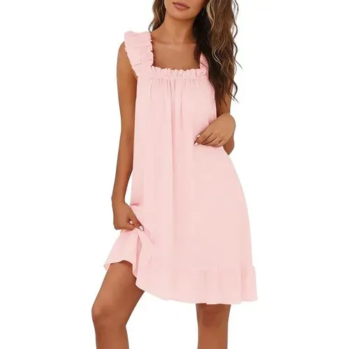 MARVMYS Women's Casual Pajama Dress, Cute Sleeveless Loungewear with Square Neck and Ruffle Hem, Short Polyester Gown for Living Room, Pregnancy Clothes, Fashion, Style, Elegant