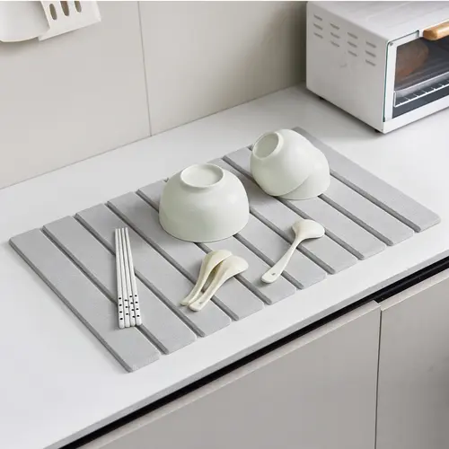Foldable Large Diatomaceous Earth Dish Drying Mat - 24"×16" Kitchen Counter Drying Pad, Super Absorbent & Heat Resistant Diatomite Mat for Dishes, Non-Slip Tableware Drying Mat with White Marble Pattern