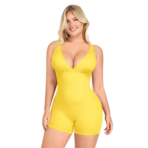 SHAPELLX Deep V Sculpt Bodycon Stretch Shorts Jumpsuit Romper Tummy Control Boyleg Bodysuit