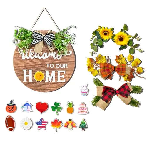 All-Season Front Door Decoration, Wooden Welcome Sign 12x12 Inch Round Hanging Wreath for Porch, Entryway, and Home Wall Decor, Mothers' Day Halloween Christmas Decor