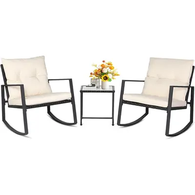 INTERGREAT 3 Piece Outdoor Rocking Bistro Set Black Wicker Furniture Porch Chairs Conversation Sets with Glass Coffee Table, Beige#Summervibes
