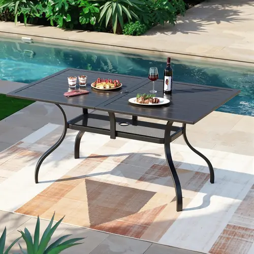INTERGREAT 60"x37" Black Patio Outdoor Dining Table Metal Steel Slat Rectangular Bistro Table for Porch Deck Garden Backyard Poolside, 1.57" Umbrella Hole#Summervibes
