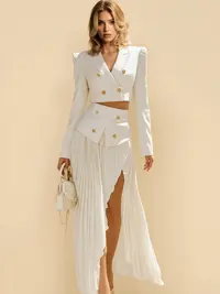 LikeMyChoice 2-Piece Preppy Blazer & Pleated Skirt Set Modern Cropped Tailored Blazer High-Waisted Mini Skirt for Office School & Streetwear - Womenswear Clothes Suits