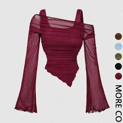 1 Spring Summer Off Shoulder Mesh Crop Top Women | Burgundy Ruched Waist Flared Long Sleeve Asymmetric Hem Top | Y2K Baddie Coquette Style for Date Night Club Party Going Out Wear Womenswear