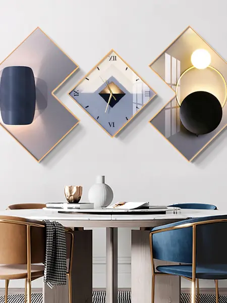 Homary 3-Pcs Gold-Frame Modern Geometric Square Aluminium Analog Decorative Wall Clock Set - Silent Quartz Movement, Canvas Artwork, Hangable Indoor Home Supplies, Decor for Living Room,sohochic