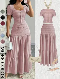 Women's Casual Elegant Chic Short-Sleeve Square-Neck T-Shirt and Half Skirt Set, Cute Spring and Fall Outfit Clothes