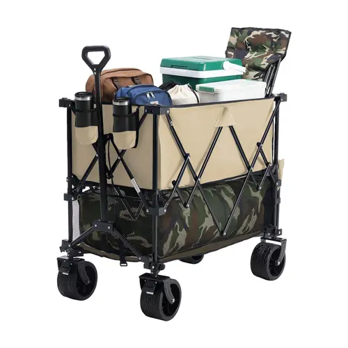 Sweetcrispy Adjustable Folding Double Decker Oxford Fabric Wagon Cart, 440 lbs Capacity, 320L Large Capacity, Flexible Handle, All Terrain Big Wheels, Brakes for Gardening, Outdoor Activities, Camping, Foldable