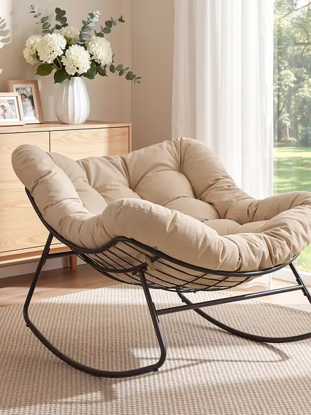 Papasan Rocking Chair Outdoor/ Indoor, Oversized Rocking Chair with Thickened Cushion, 450 lbs Large Comfy Egg Chair Indoor,Cozy Lounge Reading Glider Chair for Bedroom, Blue