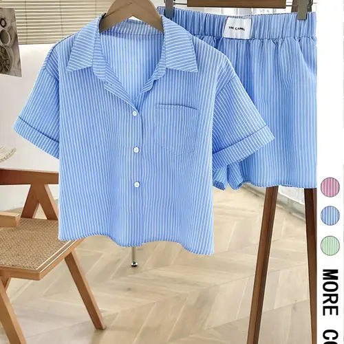 Two-Piece Set Women's Striped Print Button Front Shirt & Shorts, Casual Short Sleeve Top & Shorts for Daily Wear, Ladies Two-piece Outfits for Summer, Cozy Set Clothes Shorts Loungewear Set Two Pieces Sets